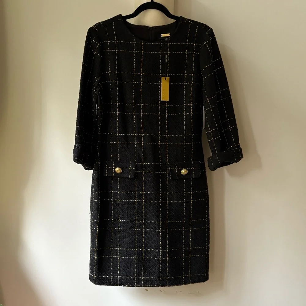 NWT Alexia Admor Windowpane 3/4 Sleeve Tweed Shift Dress - 10 - Picture 4 of 11
